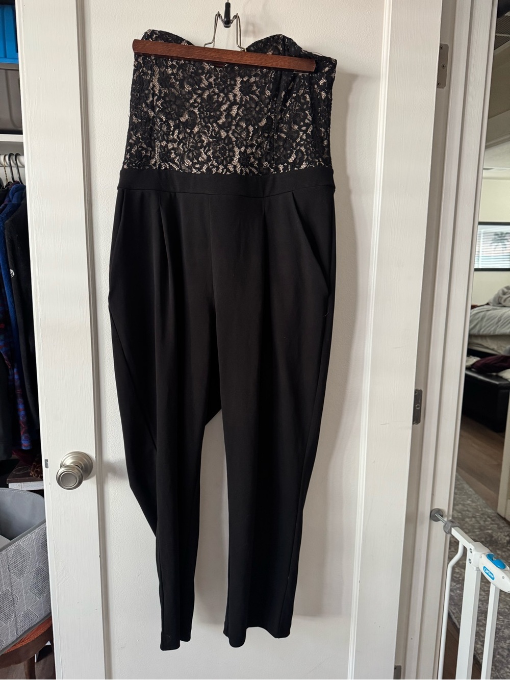 Express Strapless Black Lace-Top Jumpsuit